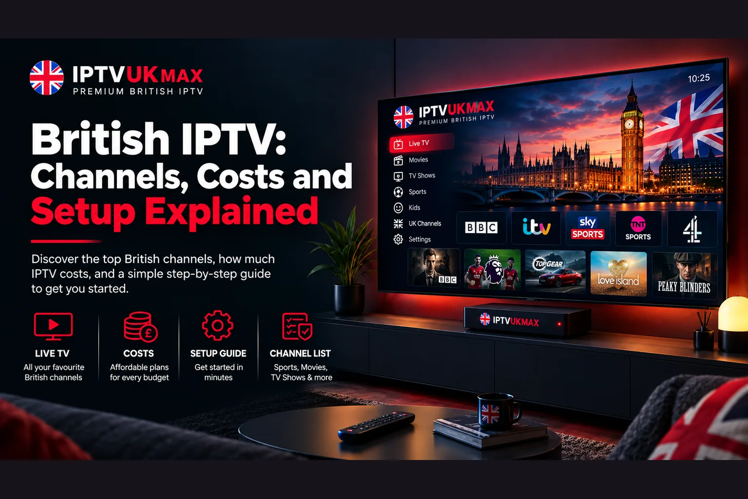 British IPTV channel line-up on a Smart TV — BBC, ITV, Sky Sports, TNT Sports and Channel 4 alongside British shows