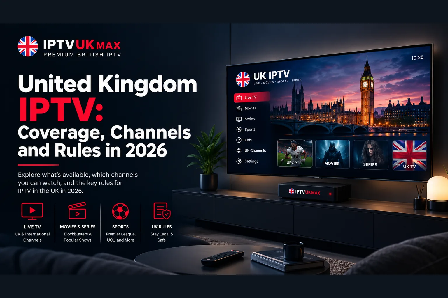 United Kingdom IPTV on a Smart TV — live TV, movies, series, sport and UK channels together in one app