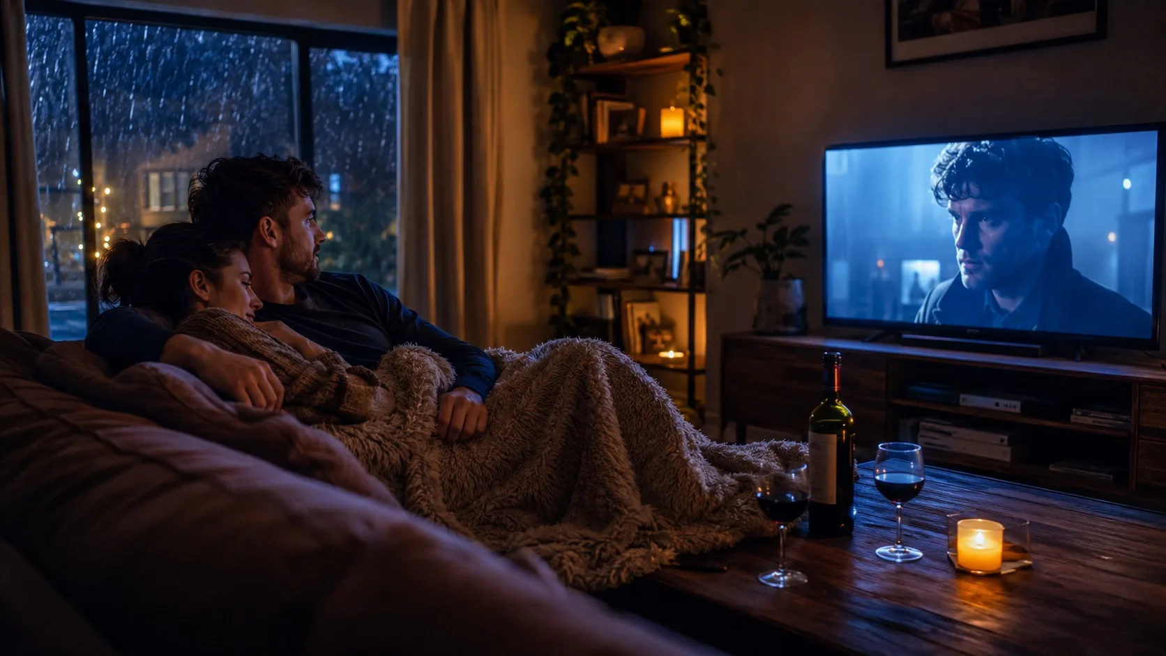 British couple enjoying a movie night on IPTVUKmax IPTV UK subscription service, streaming in 4K on their sofa