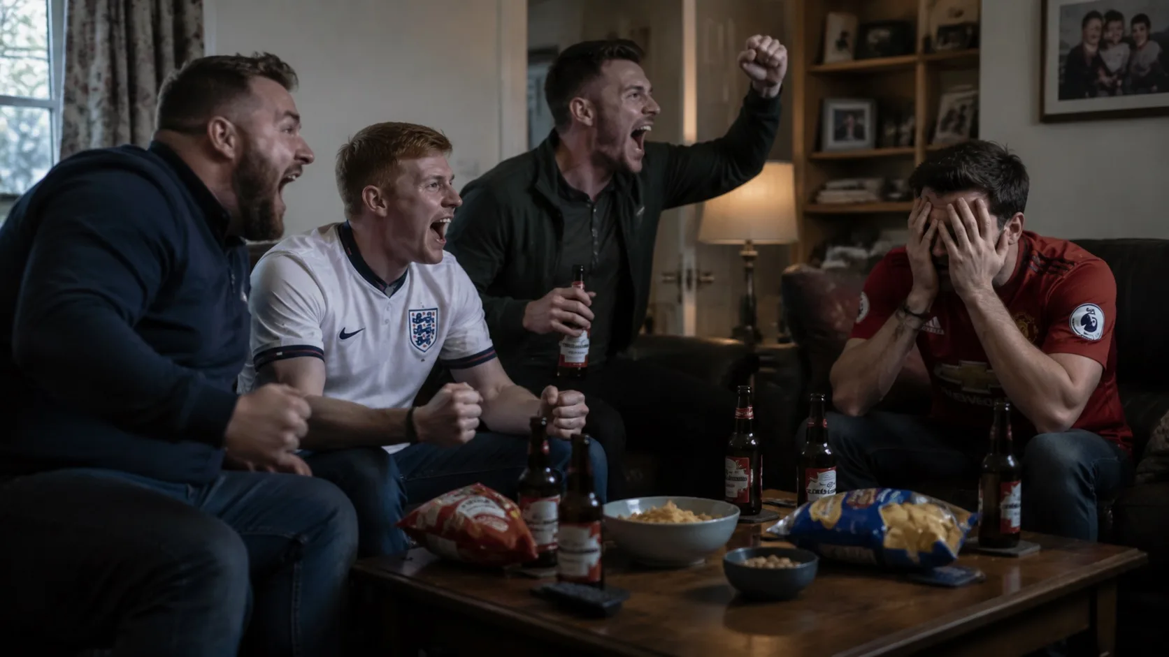 Group of British friends celebrating a Premier League goal watching IPTV UK on their television