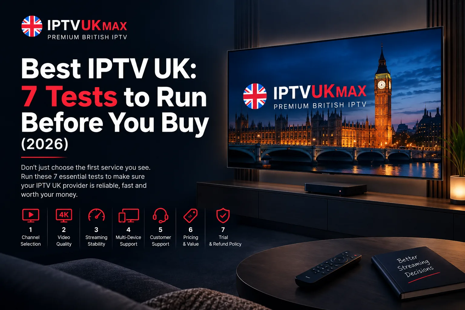 Best IPTV UK testing checklist — the seven checks to run on a provider, from channel selection and video quality to trial and refund policy